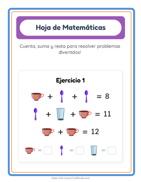 Vista previa de la hoja de Ficha Matemática con Utensilios de cocina para jardín infantil