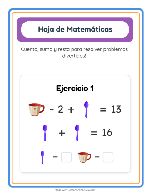 Vista previa de la hoja de Ficha Matemática con Utensilios de cocina para jardín infantil