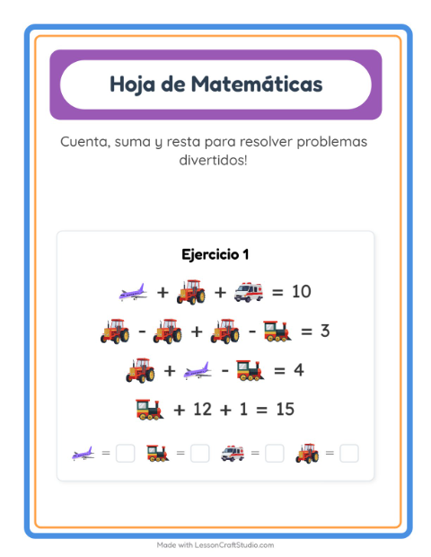Vista previa de la hoja de Ficha Matemática con Vehículos para jardín infantil