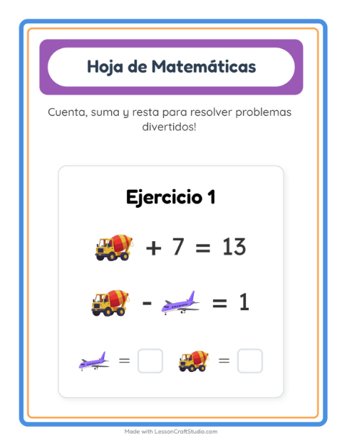 Vista previa de la hoja de Ficha Matemática con Vehículos para jardín infantil