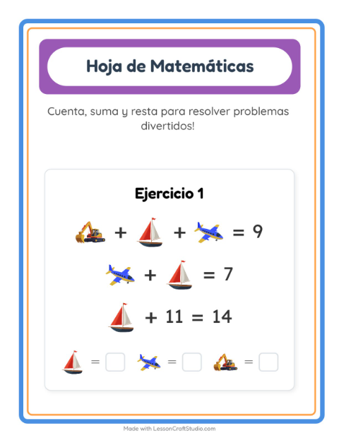 Vista previa de la hoja de Ficha Matemática con Vehículos para jardín infantil