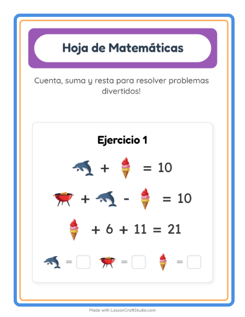 Vista previa de la hoja de Ficha Matemática con Verano para jardín infantil