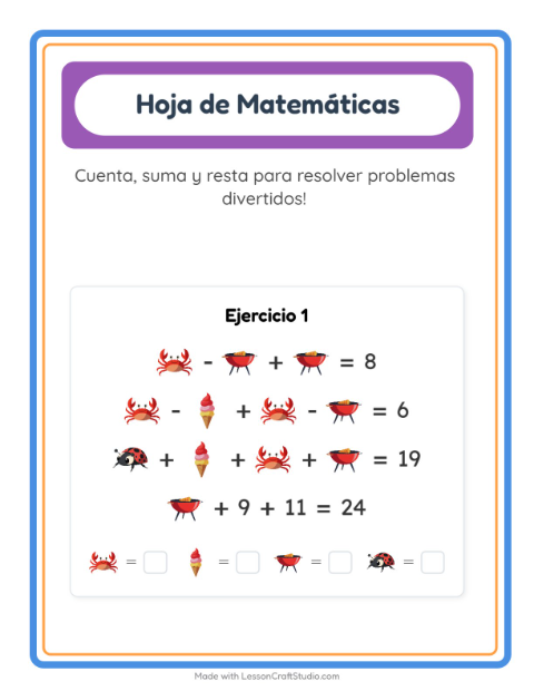 Vista previa de la hoja de Ficha Matemática con Verano para jardín infantil