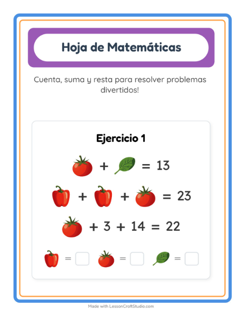 Vista previa de la hoja de Ficha Matemática con Verduras para jardín infantil