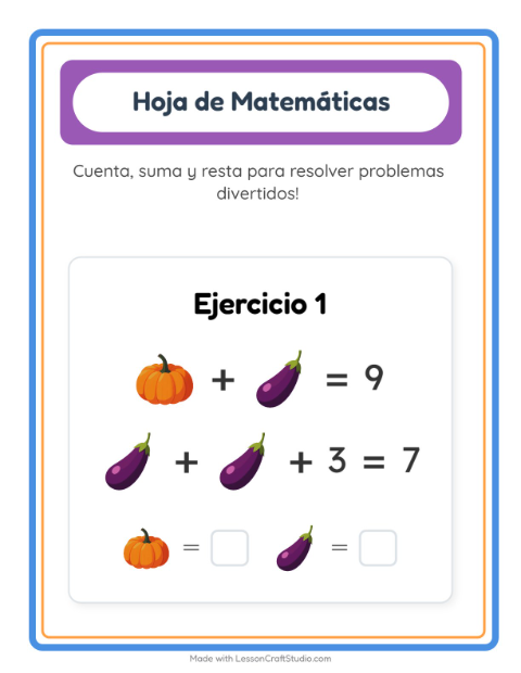 Vista previa de la hoja de Ficha Matemática con Verduras para jardín infantil