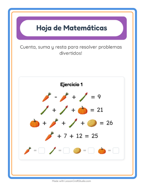 Vista previa de la hoja de Ficha Matemática con Verduras para jardín infantil