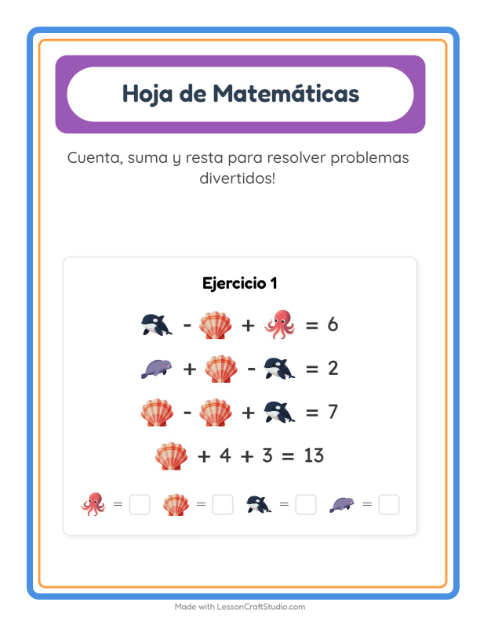 Vista previa de la hoja de Ficha Matemática con Vida marina para jardín infantil