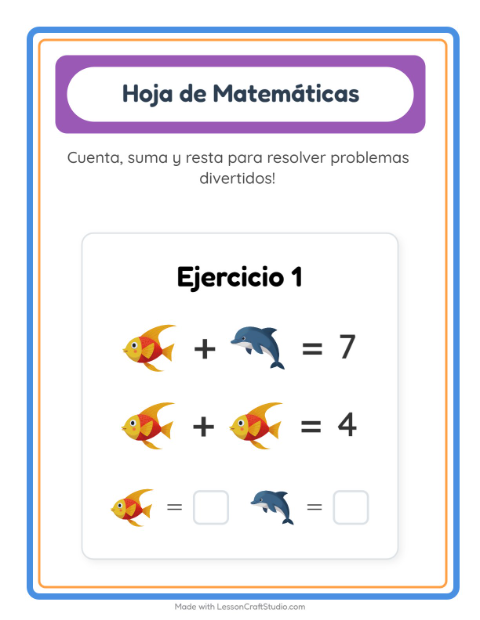 Vista previa de la hoja de Ficha Matemática con Vida marina para jardín infantil