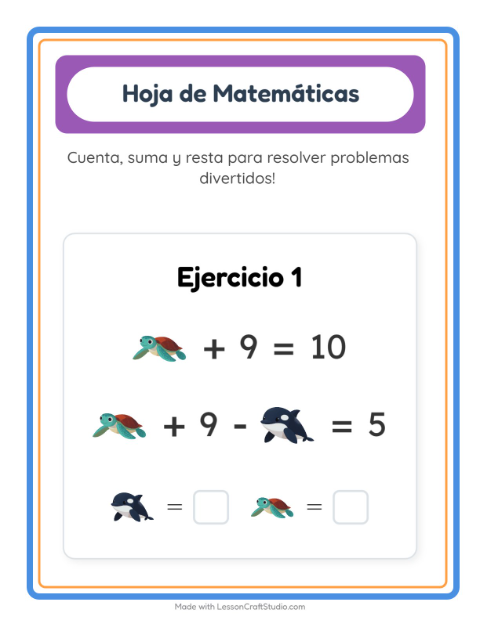 Vista previa de la hoja de Ficha Matemática con Vida marina para jardín infantil
