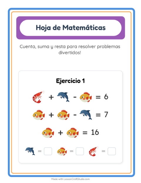 Vista previa de la hoja de Ficha Matemática con Vida marina para jardín infantil