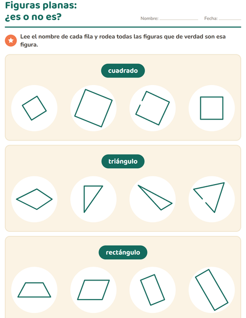 Vista previa de la hoja de Figuras geométricas planas para grado 1