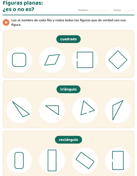 Vista previa de la hoja de Figuras geométricas planas para grado 1