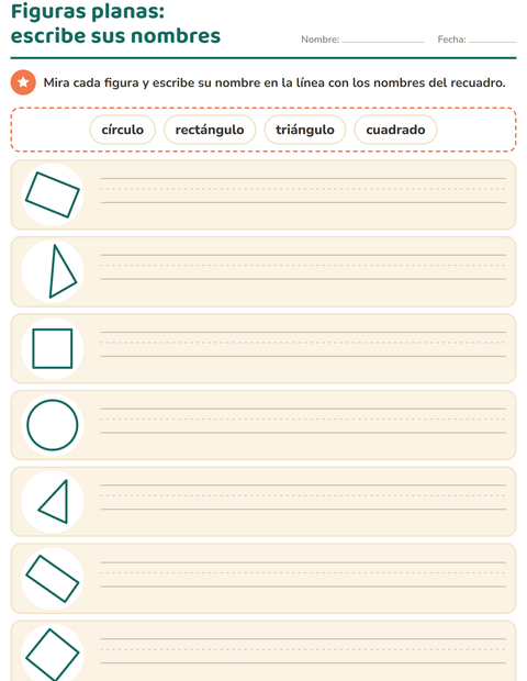 Vista previa de la hoja de Figuras geométricas planas para grado 1