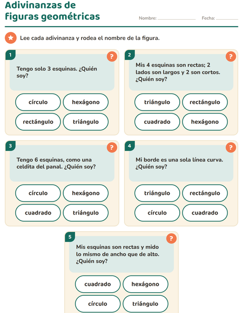 Vista previa de la hoja de Figuras geométricas planas para grado 1
