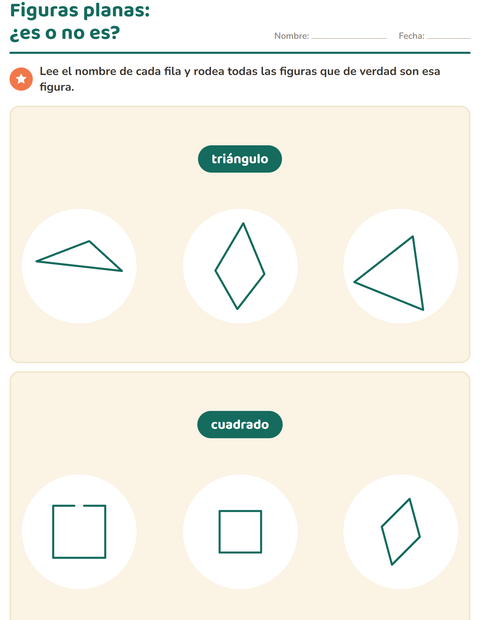 Vista previa de la hoja de Figuras geométricas planas para grado 1