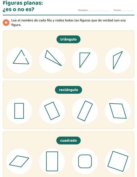 Vista previa de la hoja de Figuras geométricas planas para grado 1