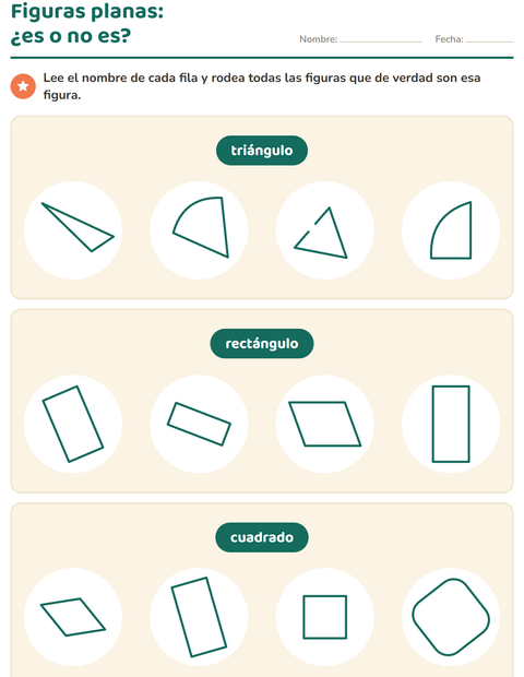 Vista previa de la hoja de Figuras geométricas planas para grado 1