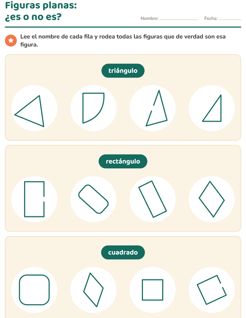 Vista previa de la hoja de Figuras geométricas planas para grado 1