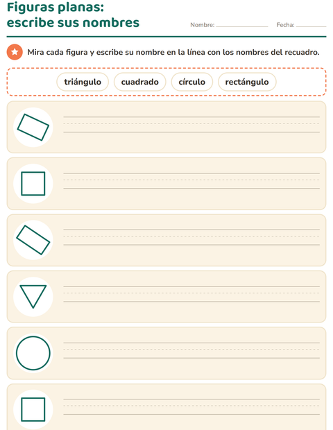 Vista previa de la hoja de Figuras geométricas planas para grado 1