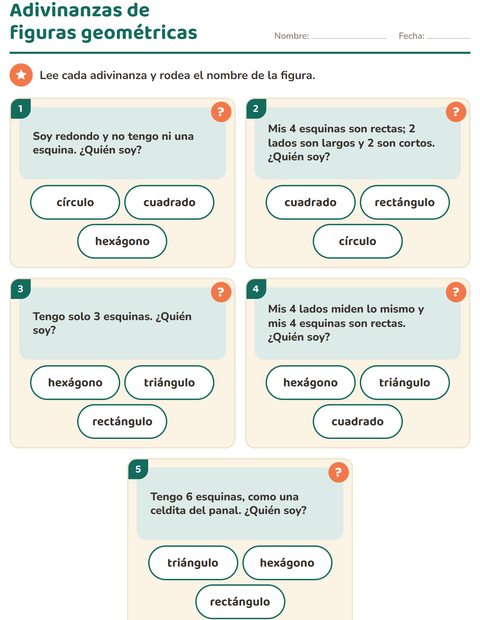 Vista previa de la hoja de Figuras geométricas planas para grado 1