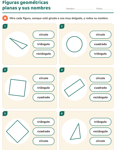 Vista previa de Figuras geométricas planas y sus nombres: seis tarjetas, una figura girada en cada una