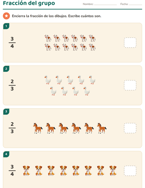 Vista previa de la hoja de Fracciones con Animales de granja para grado 3
