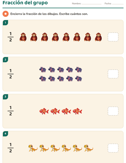 Vista previa de la hoja de Fracciones con Animales para grado 3