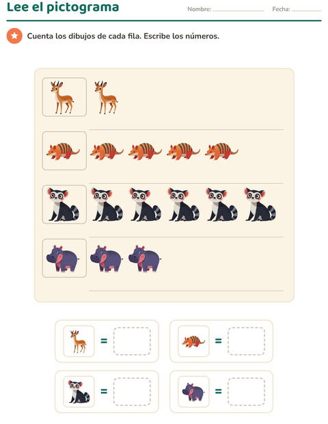 Vista previa de la hoja de Gráficos y datos con Animales del zoológico para grado 1