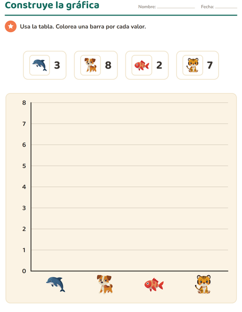 Vista previa de la hoja de Gráficos y datos con Animales para grado 3