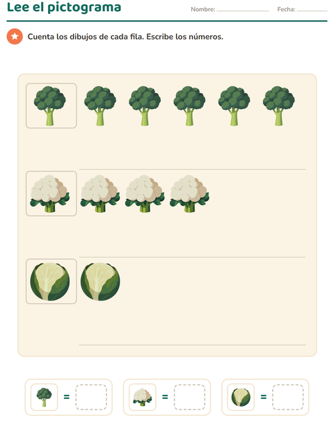 Vista previa de la hoja de Gráficos y datos con Verduras para grado 1