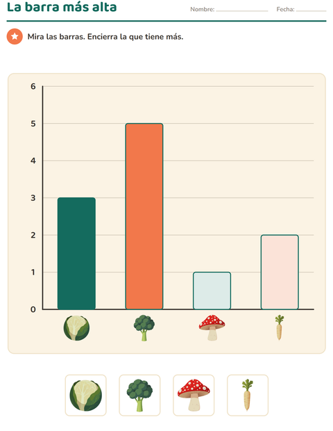 Vista previa de la hoja de Gráficos y datos con Verduras para grado 1