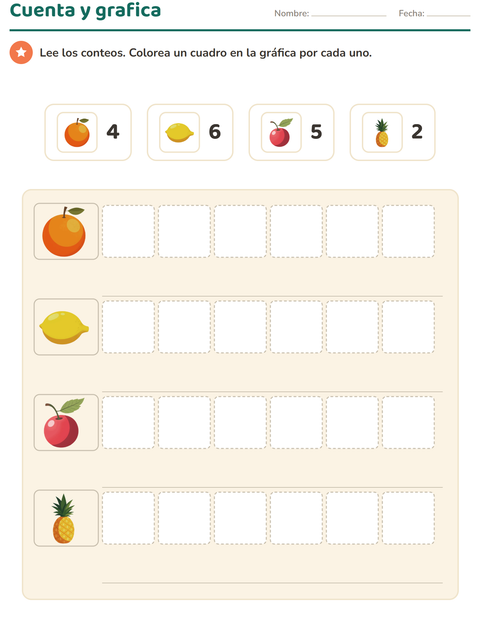 Vista previa de la hoja de Gráficos y datos con Frutas para grado 1