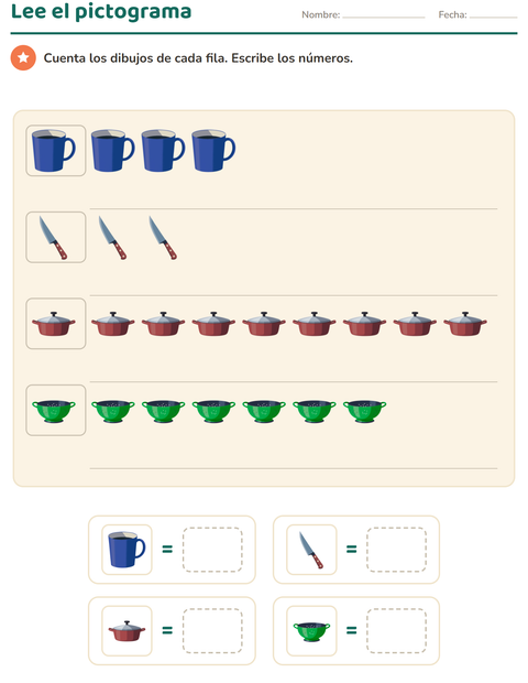 Vista previa de la hoja de Gráficos y datos con Utensilios de cocina para grado 1