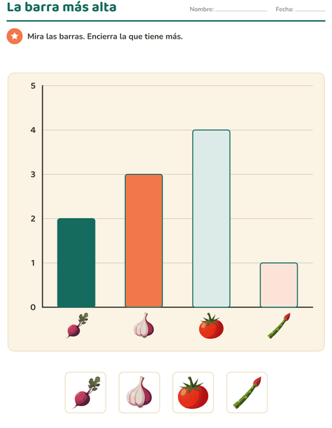 Vista previa de la hoja de Gráficos y datos con Verduras para grado 1