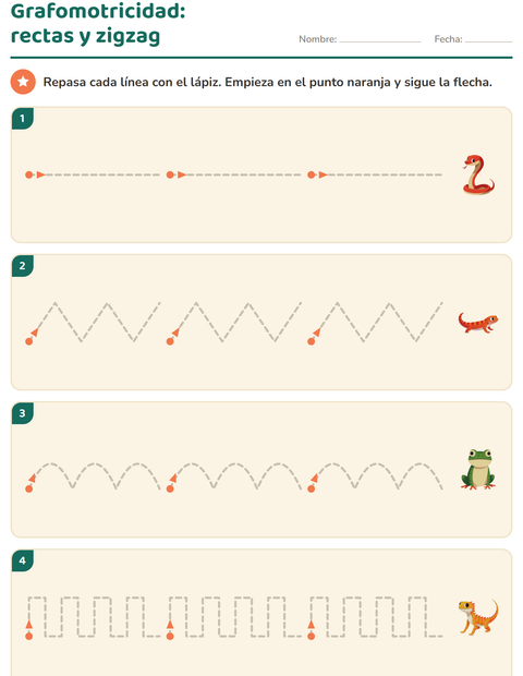 Vista previa de la hoja de Grafomotricidad con Reptiles y anfibios para jardín infantil