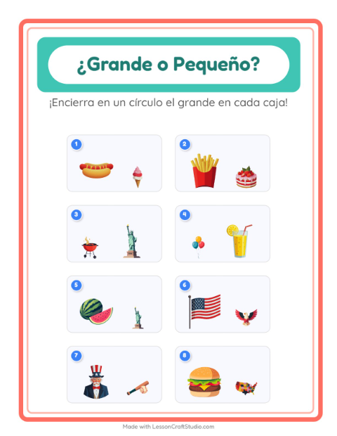 Vista previa de la hoja de Grande O Pequeño con 4 de Julio para preescolar