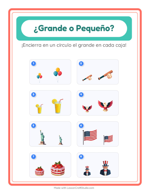 Vista previa de la hoja de Grande O Pequeño con 4 de Julio para preescolar
