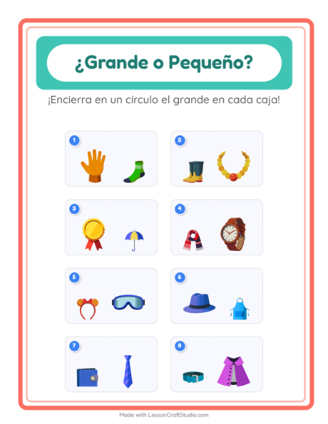 Vista previa de la hoja de Grande O Pequeño con Accesorios para preescolar
