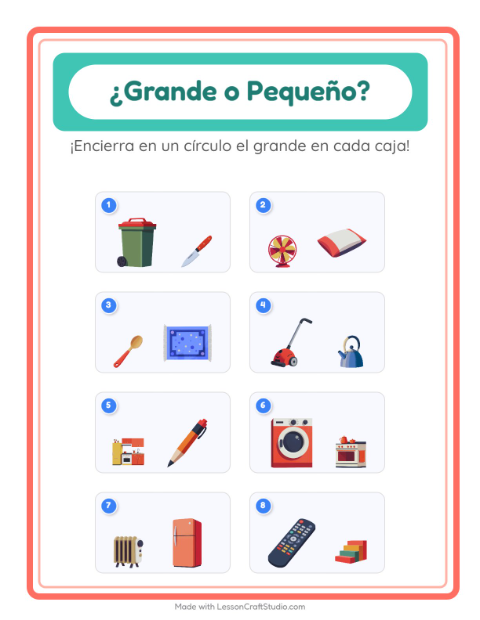 Vista previa de la hoja de Grande O Pequeño con Alrededor de la casa para preescolar