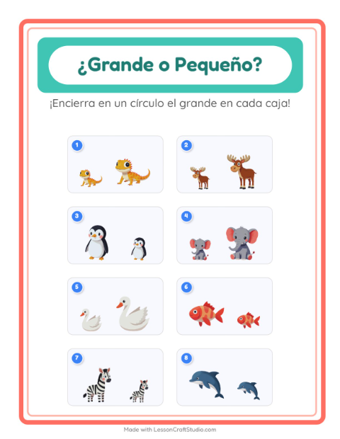 Vista previa de la hoja de Grande O Pequeño con Animales para preescolar