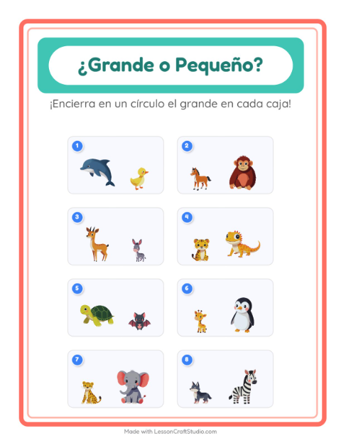 Vista previa de la hoja de Grande O Pequeño con Animales para preescolar