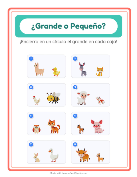 Vista previa de la hoja de Grande O Pequeño con Animales de granja para preescolar