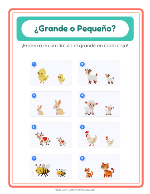 Vista previa de la hoja de Grande O Pequeño con Animales de granja para preescolar