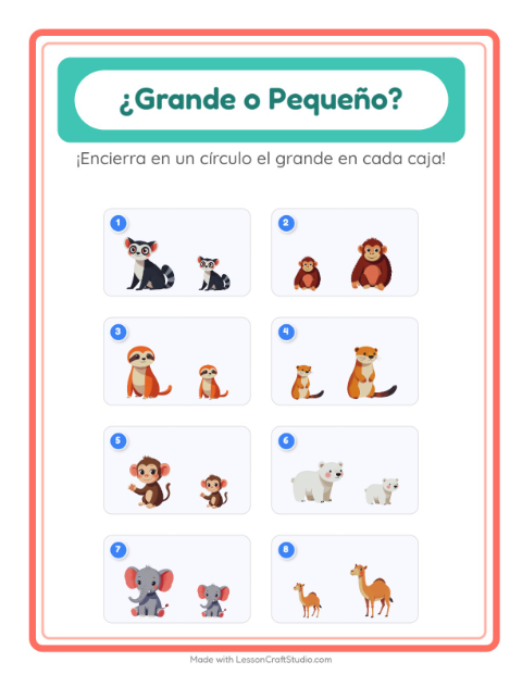 Vista previa de la hoja de Grande O Pequeño con Animales del zoológico para preescolar