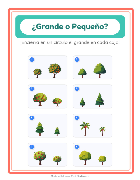 Vista previa de la hoja de Grande O Pequeño con Árboles para preescolar