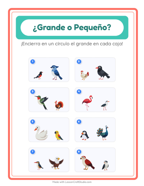 Vista previa de la hoja de Grande O Pequeño con Aves 2 para preescolar