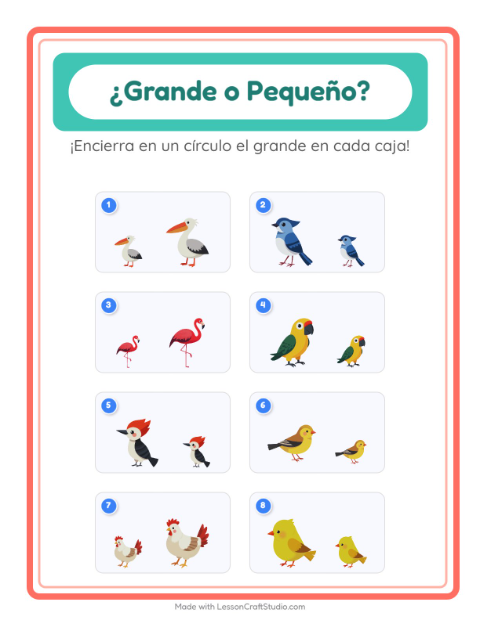 Vista previa de la hoja de Grande O Pequeño con Aves 2 para preescolar