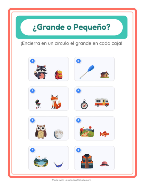 Vista previa de la hoja de Grande O Pequeño con Campamento para preescolar