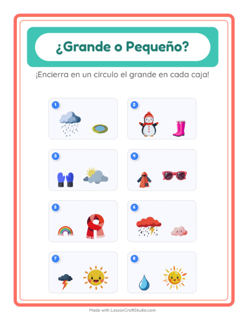 Vista previa de la hoja de Grande O Pequeño con Clima para preescolar