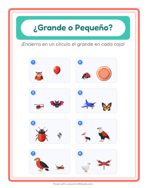 Vista previa de la hoja de Grande O Pequeño con Cosas que vuelan para preescolar